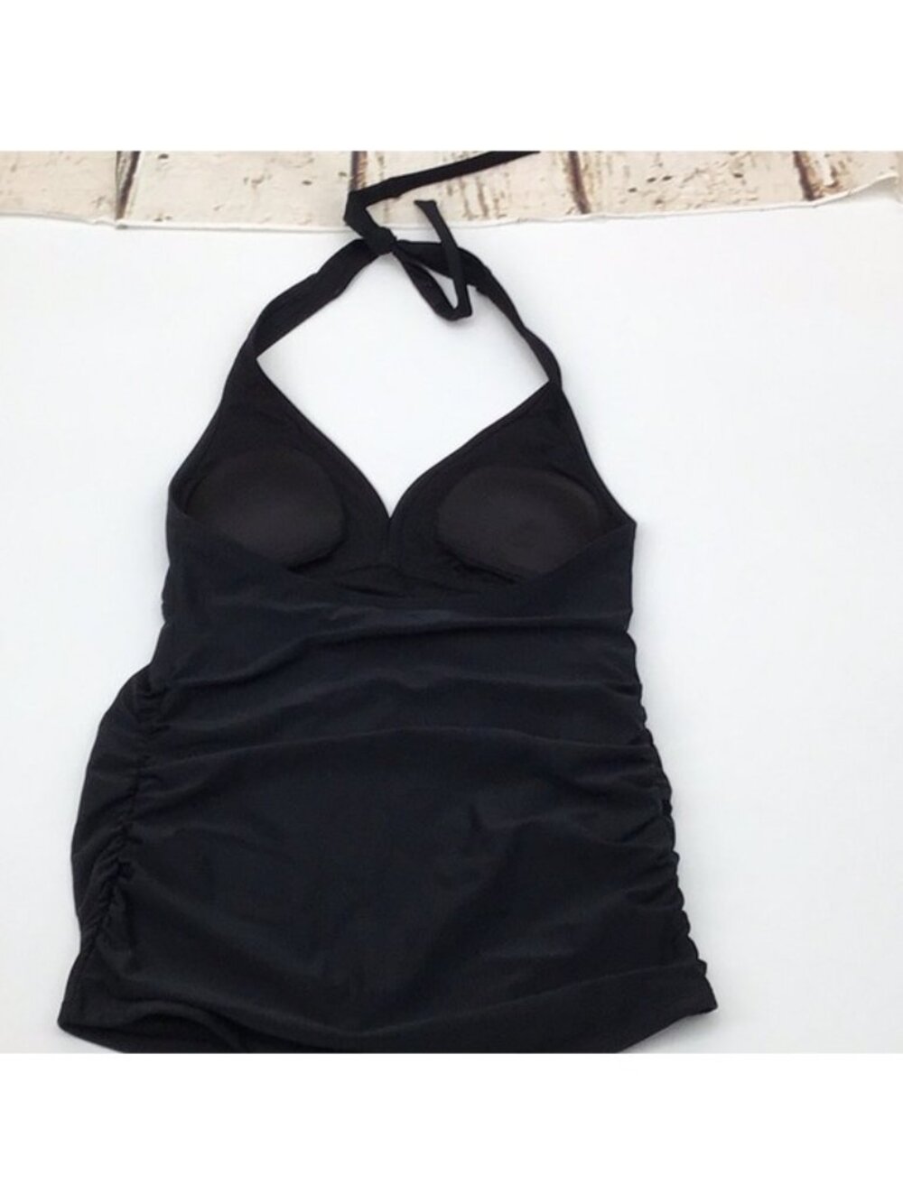 Old Navy S Black Halter Swimdress Ruched Tankini Top With Built In Shelf Bra - Picture 7 of 8